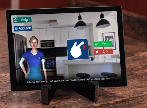 An AI-based, interactive residential caregiver helps provide medication reminders and more for seniors at home.