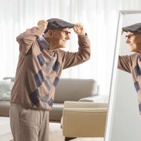 A senior looks in the mirror as he gets dressed with adaptive clothing for older adults.